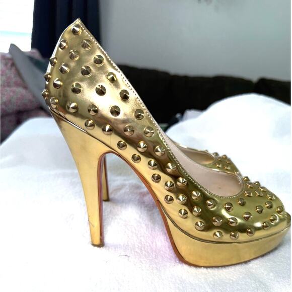 CHRISTIAN LOUBOUTIN Specchio Lady Peep Spikes 150 Pumps Gold Sz 40 9.5 Stiletto - Picture 6 of 7